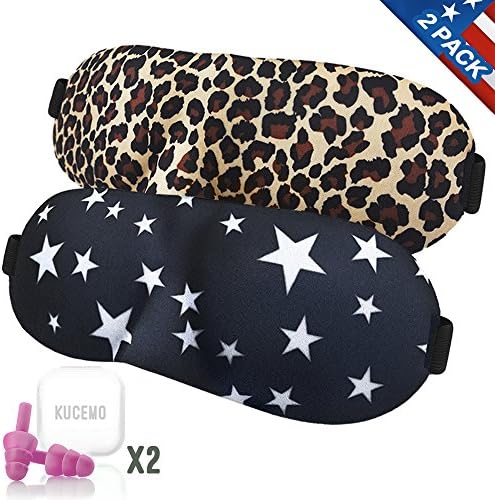 Sleep Mask 2 Pack with Earplugs, Comfortable & Soft Night Eye Masks 3D-Contoured Eyeshade with Adjustable Strap Blindfold for Women Men Kids Sleeping/Nap/Shift Work/Blocks Light by KUCEMO
