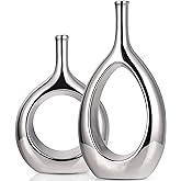 Glossy Silver Vase Ceramic Silver Vases Home Decor,Modern Minimalist Circle with Hole Decorative Vase, Hollow Ellipse Flower 