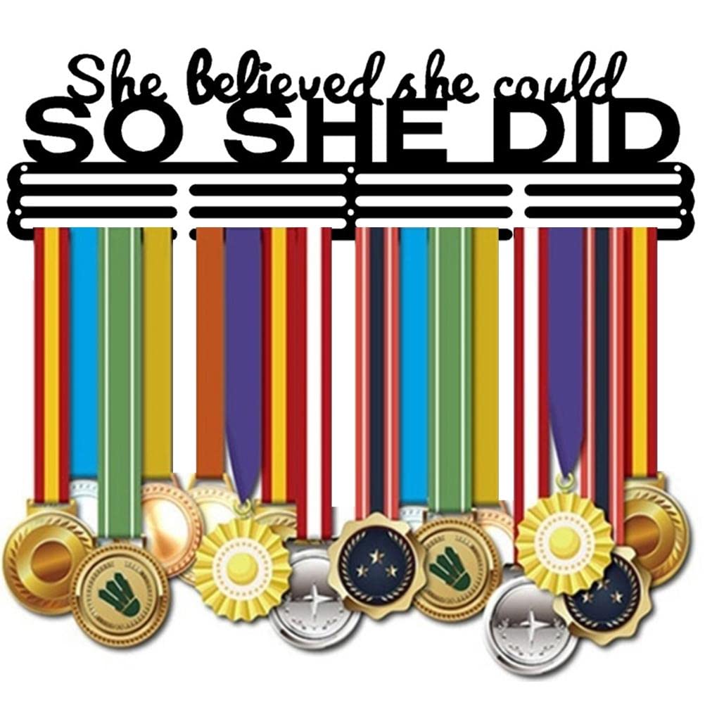 Medal Holder Display Hanger Rack-“She Believed She Could, SO SHE DID” Sturdy Steel Medal Metal Wall Mount Frame for Gymnastics, Soccer, Softball