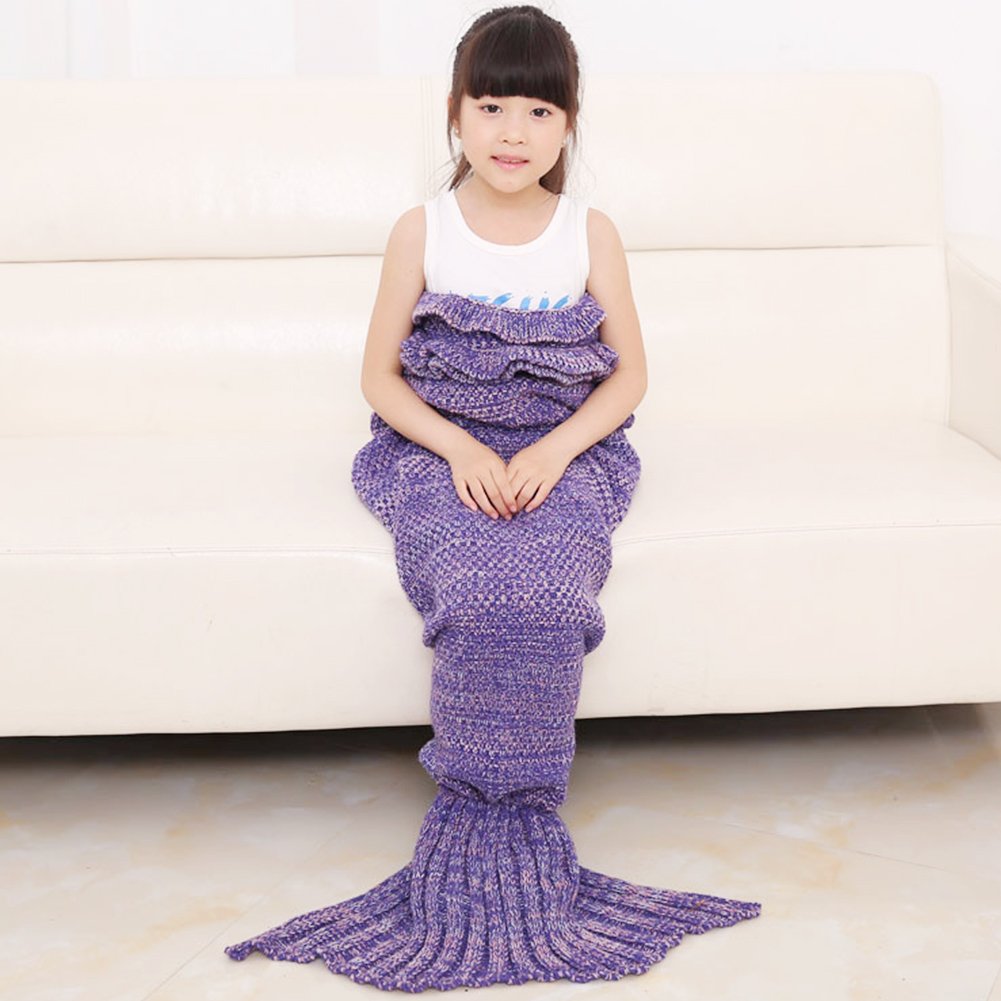 GDAE10 Children Warm Soft Crochet Handmade Mermaid Tail Blanket Knitting Living Sleeping Bag Camping Bag for Girls Kids (Tender purple)
