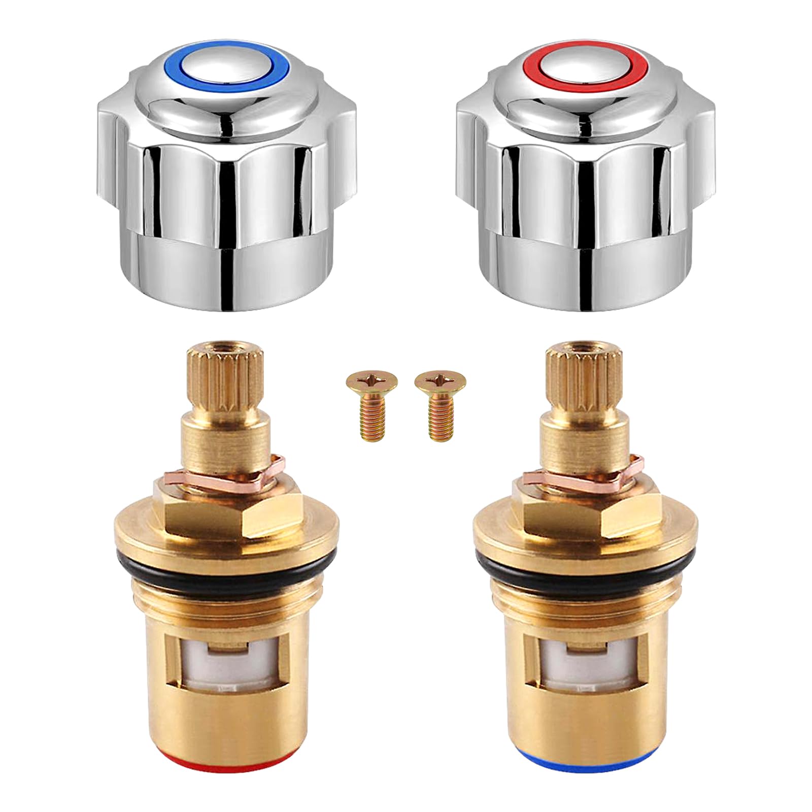 2Pcs Chrome Plated Red and Blue Tap Top, Standard Hot&Cold Tap Top Head Covers with Ceramic Cartridge, Top Head Faucet Cover Set, Sink Tap Top Replacement Head Covers for Bathroom Kitchen