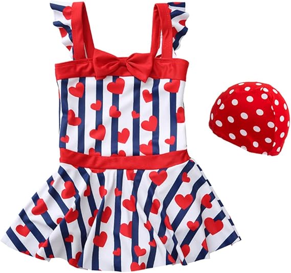 Amazon Beabuy 女の子用 水着 キッズ 水着 スクール水着 スイムウエア ガールズ 女子 一体型 ワンピース 水着 帽子付き ストライプ かわいい 半袖 90 150cm 水着 通販