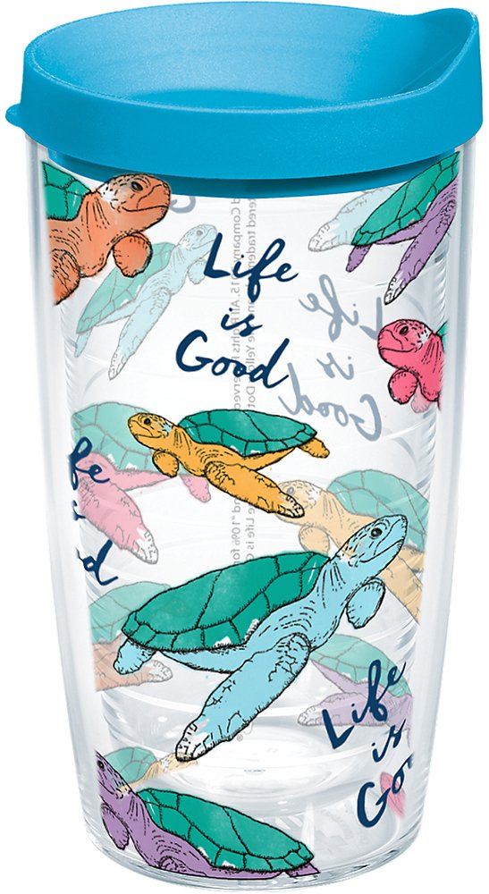 Tervis 1265883 Life Is Good-Turtle Pattern Insulated Tumbler with Wrap and Turquoise Lid, 16oz, Clear