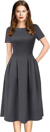 Women's Elegant Patchwork Pleated Midi Dress With Pockets & Belt - Office Or Party Wear