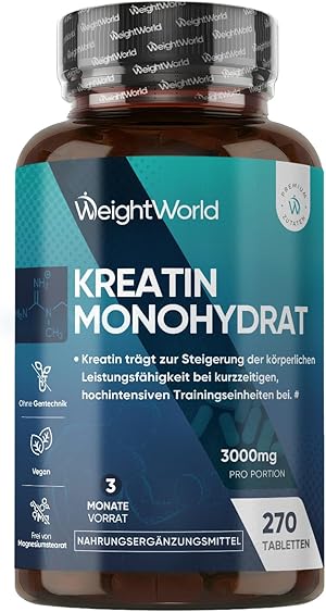 Creatin Monohydrat Tabletten - 3000mg pro Portion - 270 Kreatin Vegan Tablets - 3 Monate Vorrat - Creatine - 3 Kreatin Monohydrat Tabletten pro Tag - Für Männer und Frauen - Glutenfrei - WeightWorld