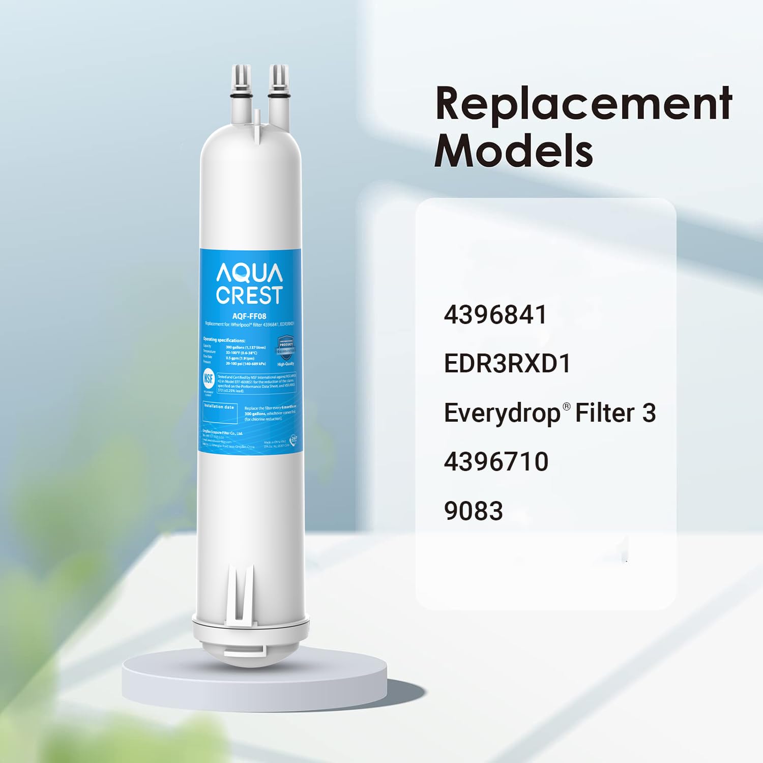 AQUA CREST EDR3RXD1 Replacement for 4396841, Everydrop® Filter 3, 4396710, Kenmore® 46-9083, 46-9030, Refrigerator Water Filter, 3 Filters