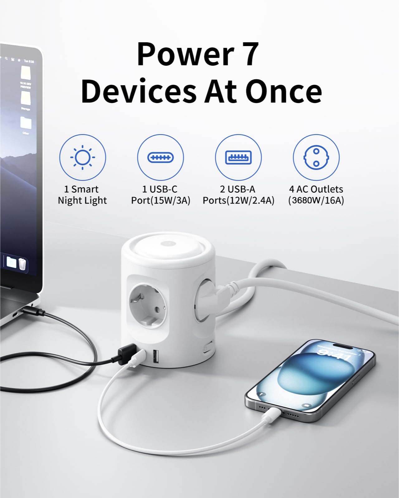 7 in 1 Steckdosenwürfel mit 3 USB, 4000W Mehrfachsteckdose Mit Schalter, 4 Fach Steckdosenleiste mit Licht, Mehrfachstecker Überspannungsschutz USB Stecker Würfel Verlängerungskabel 2M für Büro,Weiß 2