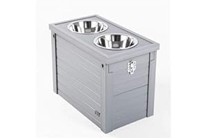 New Age Pet ECOFLEX Piedmont Elevated Dog Feeder, Sliding Lid Storage, Includes Two 32oz Stainless Steel Bowls Easy Clean, 10 Year Warranty, Grey
