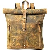 Gratlin Buffalo Leather Roll On Laptop Backpack 16 Inch | Vintage Genuine Rucksack Backpack for Men &amp; Women | Best Full Grain Brown Leather Backpacks Book Bag Knapsack for Travel Hiking Use