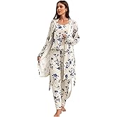 Tenna Teki Women's Floral Print Pajama Set with Robe -Lightweight Comfortable and Soft Sleepwear for Ladies