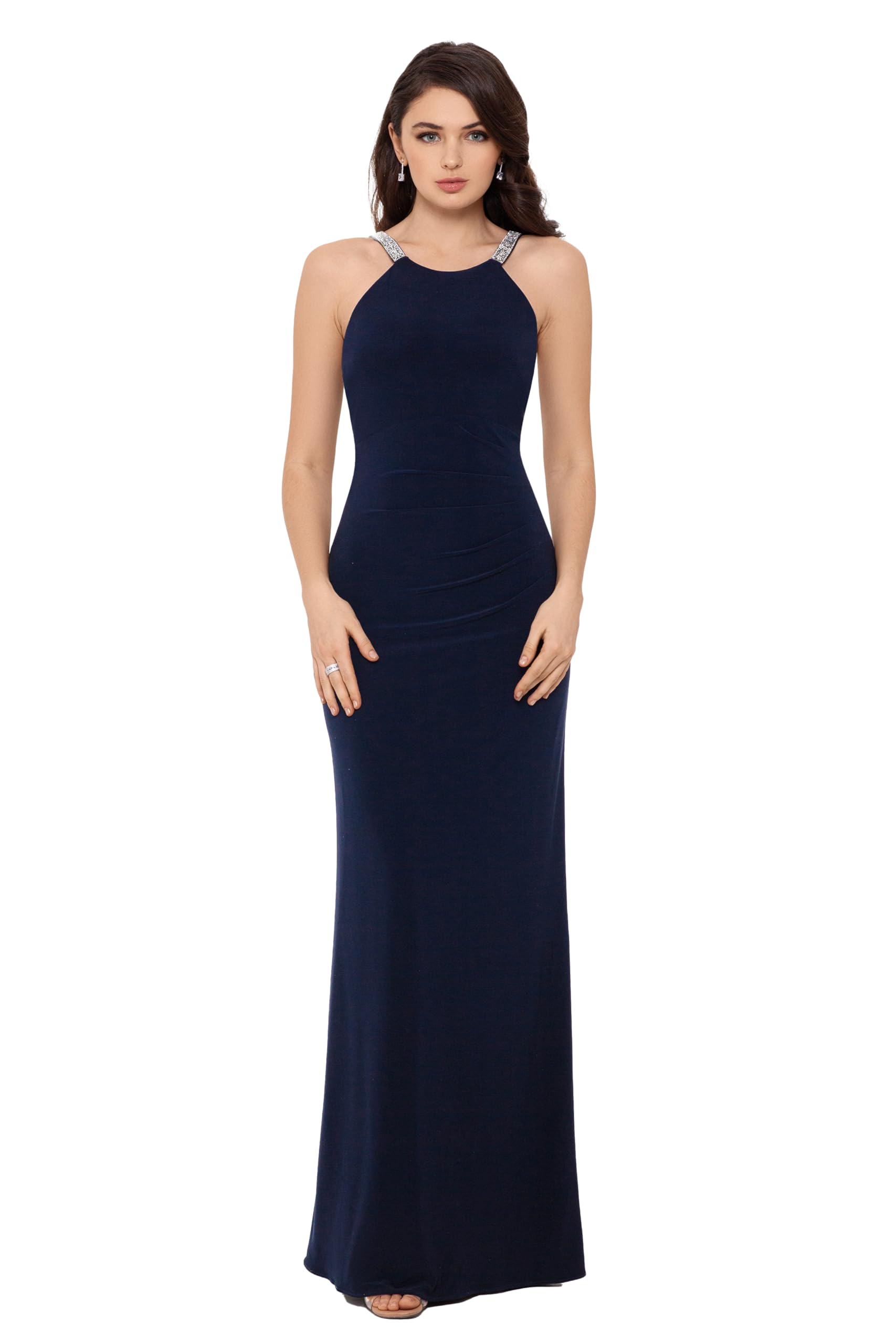Photo 1 of Betsy & Adam Women's Long Halter Neck Sleeveless Gown with Rhinestone Straps, Navy, 12
