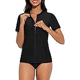 Bonneuitbebe Women's Rash Guard Short Sleeve Swim Shirts Zip Front Rashguard Swimsuit UPF 50+ Swim Tops No Bra & Pocket