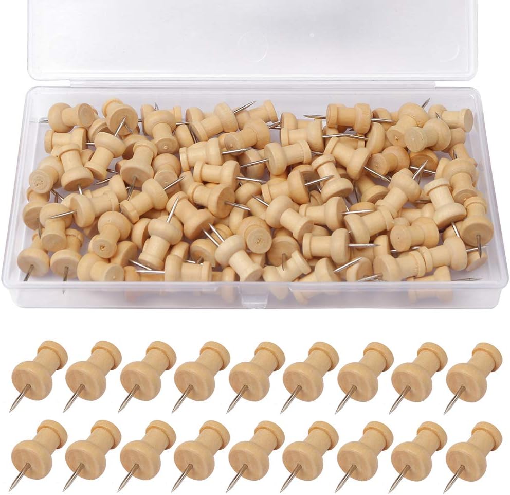 100 Wooden Push Pins, Map Pins with Wooden Heads and Steel Spikes for Card Drawing Board (with Storage Case)
