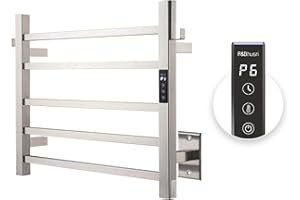 P&Bhusri Heated Towel Rack, 5-Bar Towel Warmer Rack for Bathroom, Wall Mounted Electric Towel Rack with Timer and LED Indicator, Stainless Steel Brushed, Hard-Wired/Pulg-in