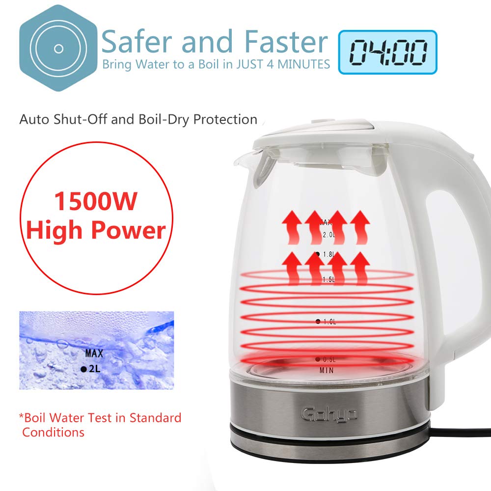 Gohyo 2-Liter Glass Electric Tea Kettle for Fast Boiling, Hot Water Heater Pot with Auto Shut off and Boil-Dry Protection, 1500W, FDA Approved, BPA-Free ( White )