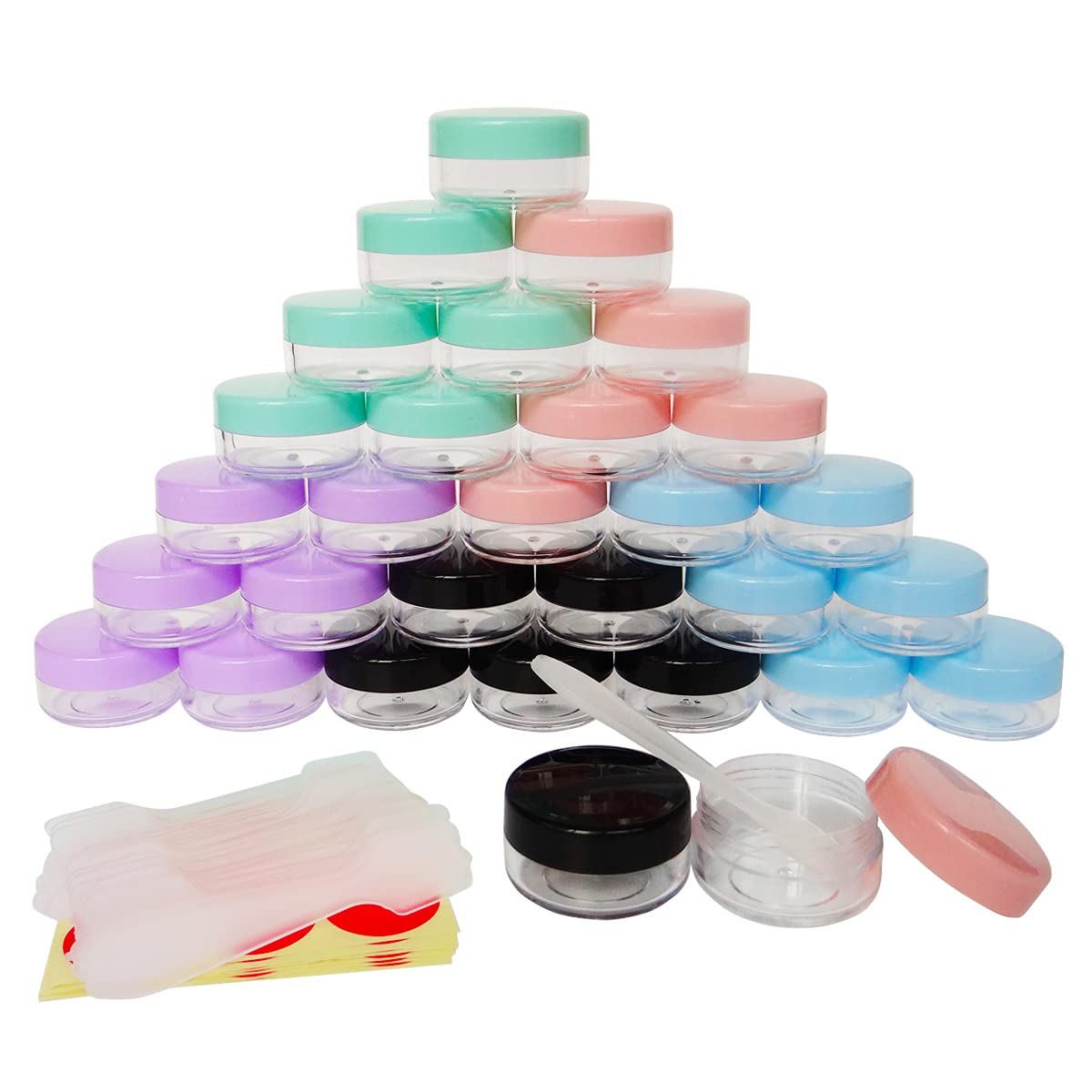 Wopanxye 30pcs 10ml Small Sample Jars, 10g Empty Refillable Cosmetic Container, Plastic Round Pot Multi-color Screw Cap, 10g Travel Bottles for Makeup Eye-shadow Nails Lip Balms, Free 30x Spatulas