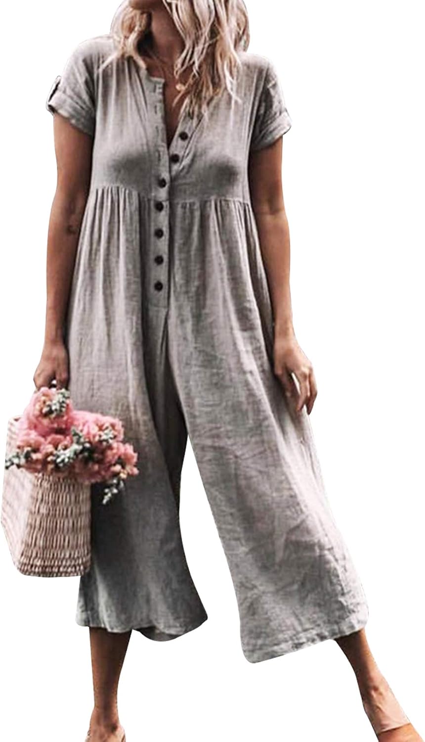 Letuwj Damen Baumwolle Leinen Jumpsuit Lässige Knopflesit Amazon.de