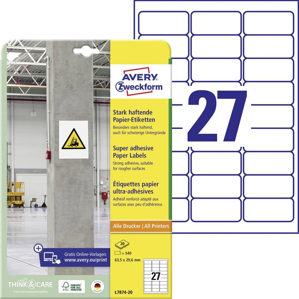 Avery Zweckform L7874 Adhesive Labels 63.5 x 29.6 mm, 20 Sheets/540 Labels/White