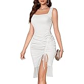 HomRain Mesh Bodycon Dress for Women Square Neck Sexy Ruched Elegant Cocktail Party Midi Dresses