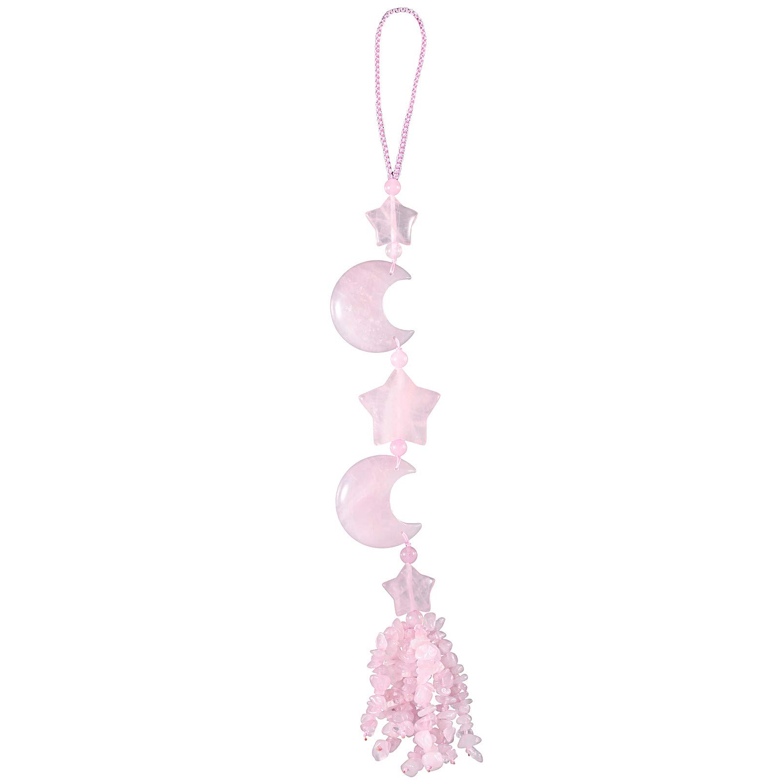 mookaitedecor Rose Quartz Healing Crystal Moon and Star Hanging Decoration for Car Window, Lucky Crystal Wall Art Hanging Pink Bedroom Decor Reiki Spiritual Star Moon Ornament Gift for Women Friends