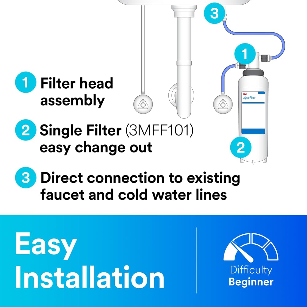 3M Aqua-Pure 3M FF100 Under Sink Drinking and Cooking Water Filter System, Reduces Lead, Microplastics, Chlorine Taste and Odor, Cysts, Select VOCs. 2.5 GPM Full Flow