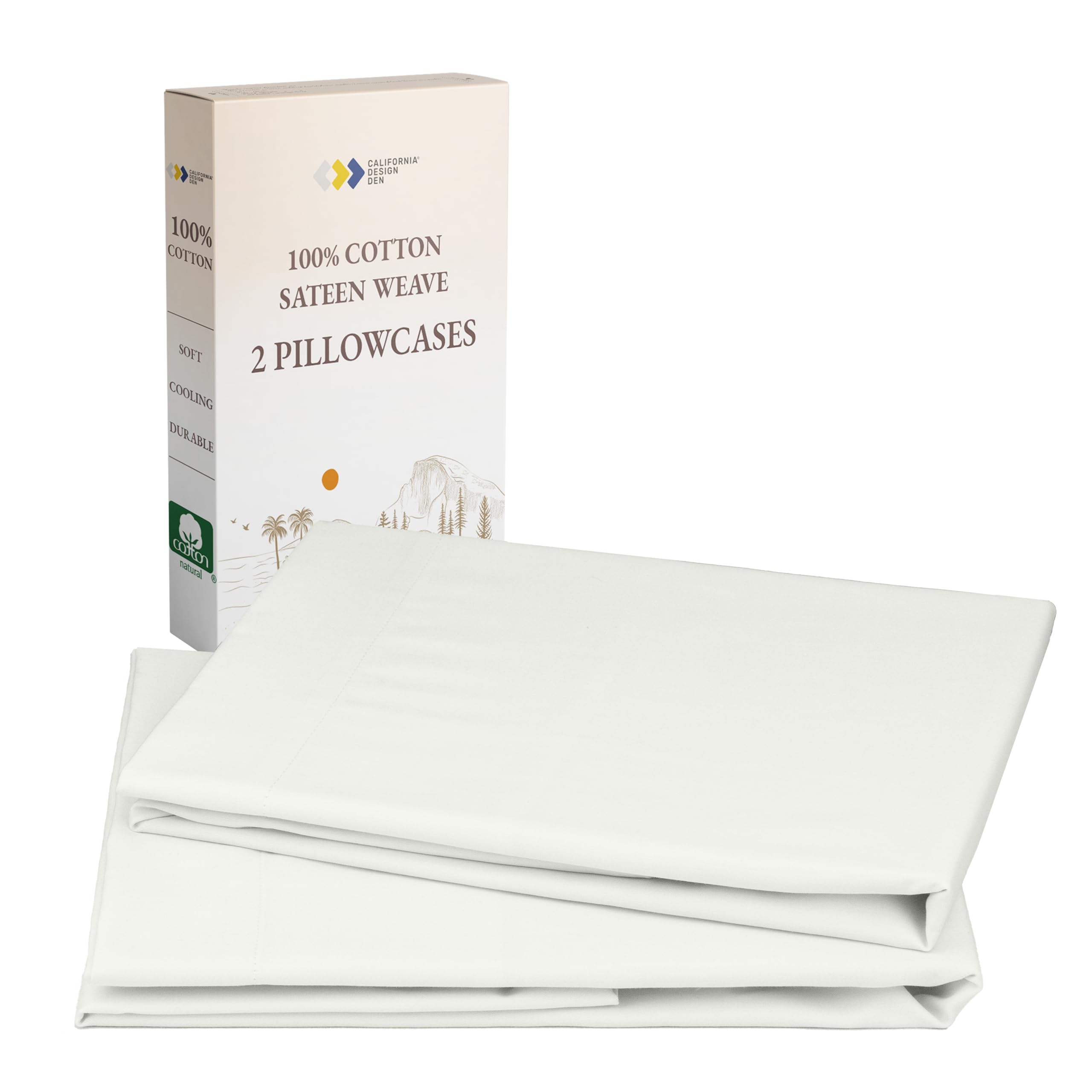 Photo 1 of California Design Den 100% Cotton Pillowcases Queen, Standard/Queen Size Pillowcases - Set of 2 Soft Sateen Weave Cases, Fits Queen and Standard Size Pillows - Ivory (Eggshell)