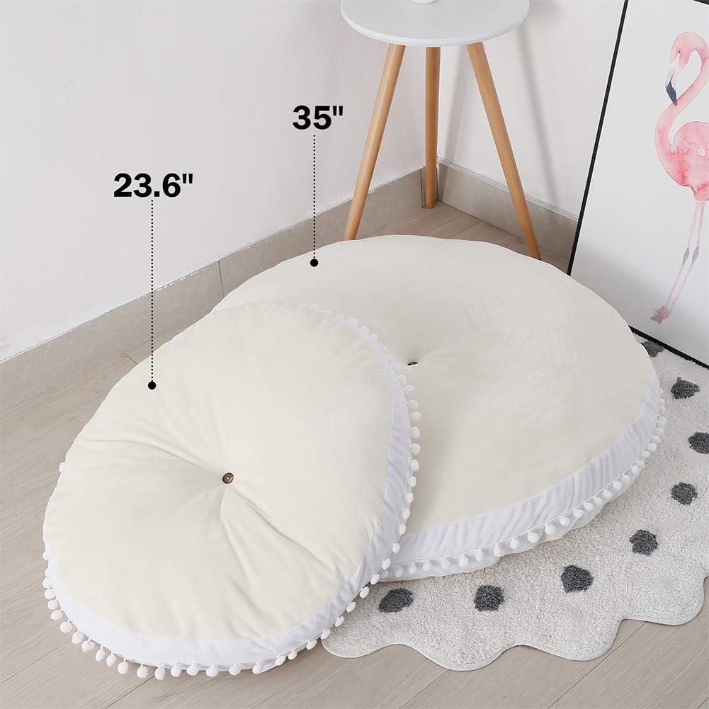 Kids Floor Pillow Cushion Seating Round Large Floor Cushion, Oversized Circle Pillow for Reading Nook Canopy Nursery Playroom Teepee Meditation, Soft Big Circular Cushion with Cute Pompom, Beige 23.6": Kitchen & Dining