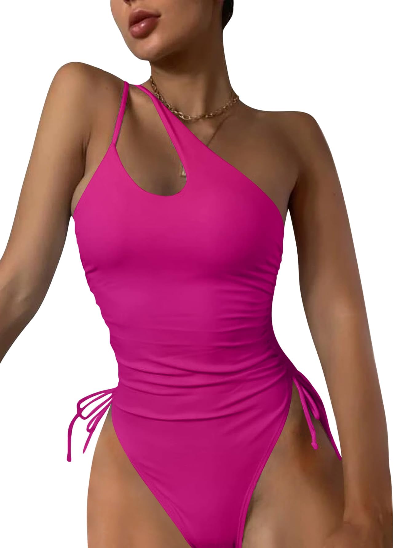 Photo 1 of Eomenie Women's One Piece One Shoulder Swimsuit with Drawstring Tummy Control Bathing Suit Sexy High Cut Swim Suits Hot Pink