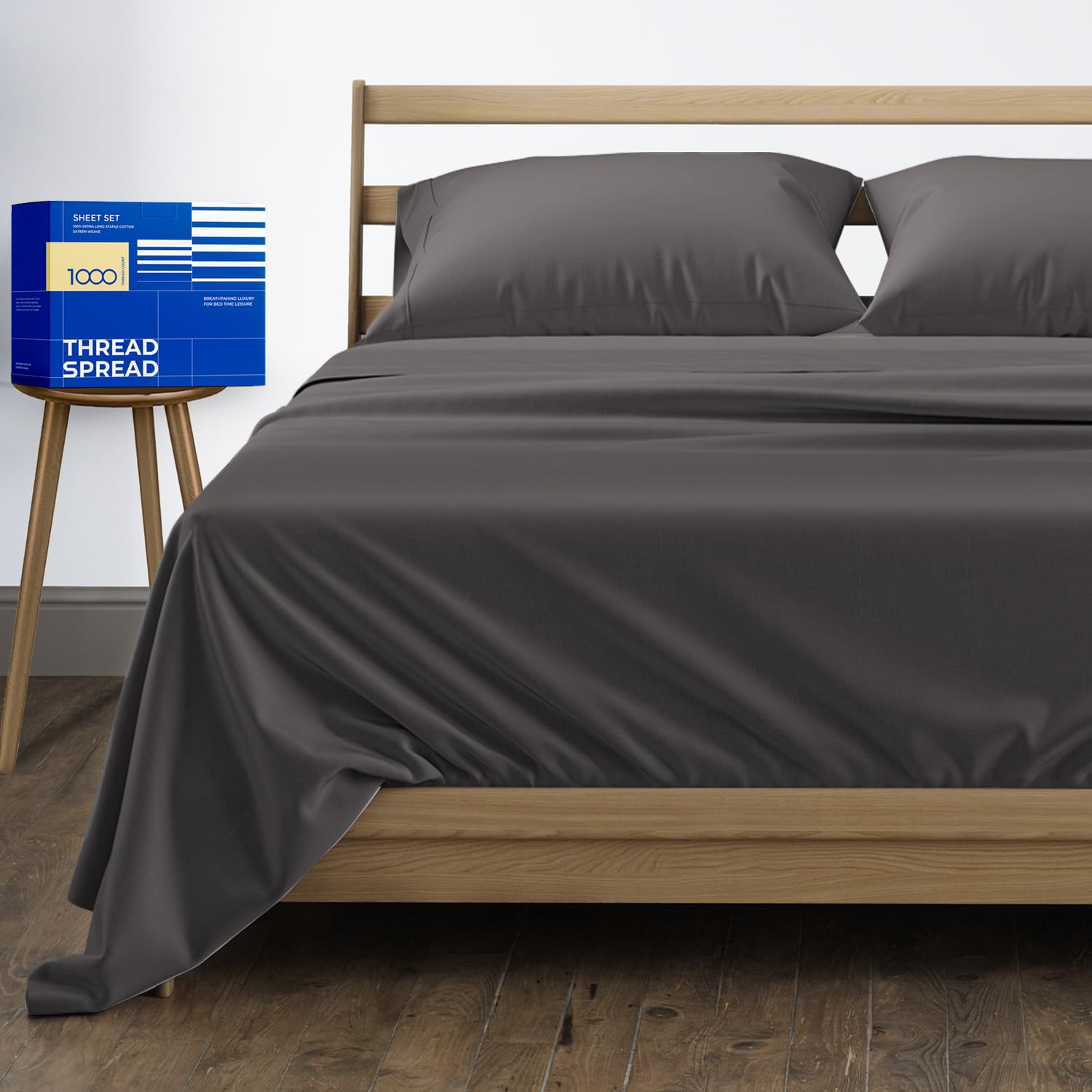 Photo 1 of THREAD SPREAD 100% Egyptian Cotton Sheets Queen Size - 1000 High Thread Count, 4 PC Luxury Hotel Sheets for Queen Bed, 16" Deep Pocket Sateen Soft Cooling Bedding Sets - Charcoal Grey