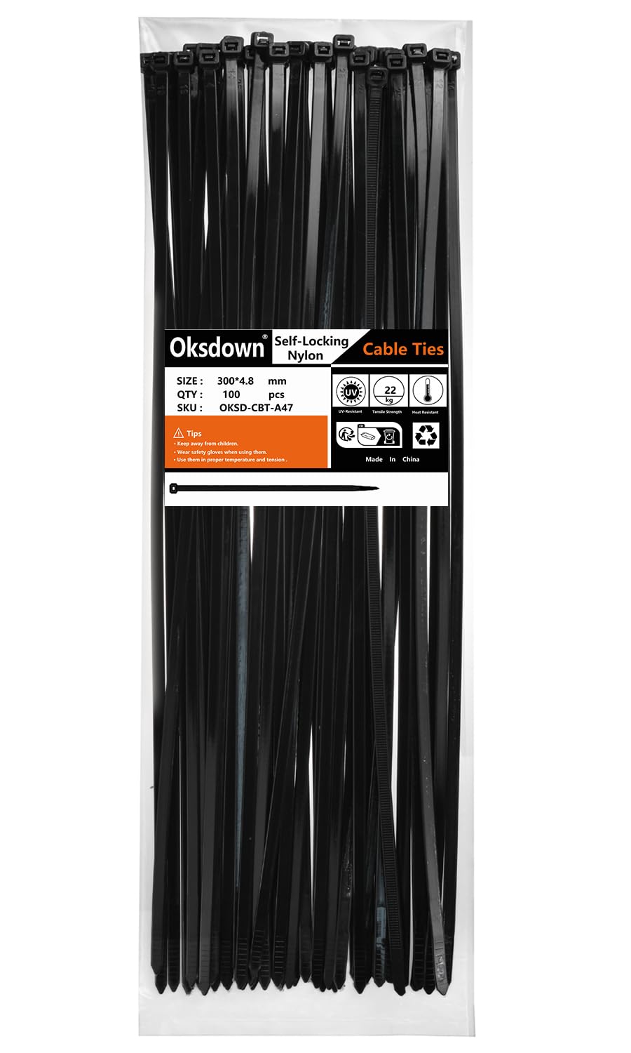 Oksdown 100 Pack Black Thick Cable Ties Heavy Duty Large 300mm×4.8mm Strong Nylon Plastic Self Locking 12 inch/30 cm Extra Long Zip Tie Wraps