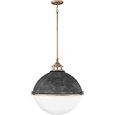 Hinkley Fletcher Three Light Small Orb Chandelier Pendant, Etched Opal Glass, Max. Height 58-in, Aged Zinc/Heritage Brass