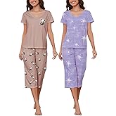 HONG HUI 2 Pack Womens Pajamas Set Short Sleeve Sleepwear Tops and Capri Pants Pjs Summer Loungewear Pj Sets S-3XL