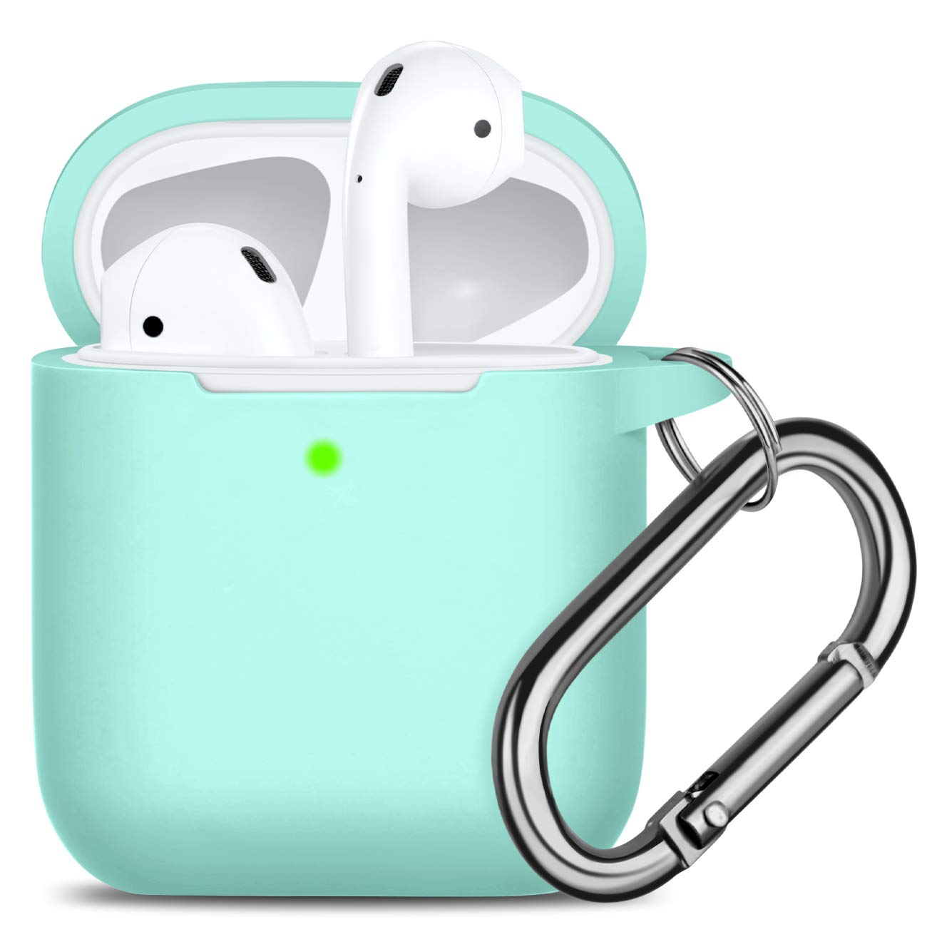 Oielai for Airpod Case Cover, [Front LED Visible ] Waterproof Protective Cases Cute Silicone Case Skin with Keychain Compatible with Apple Airpods 2 & 1, Mint Green