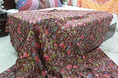 Sophia Art Indian Handmade Bohemain Beddding Bedspread Kantha Throw Quilt Cotton Kantha Bird of Paradise Twin Home Decor Kantha Quilt (Brown)