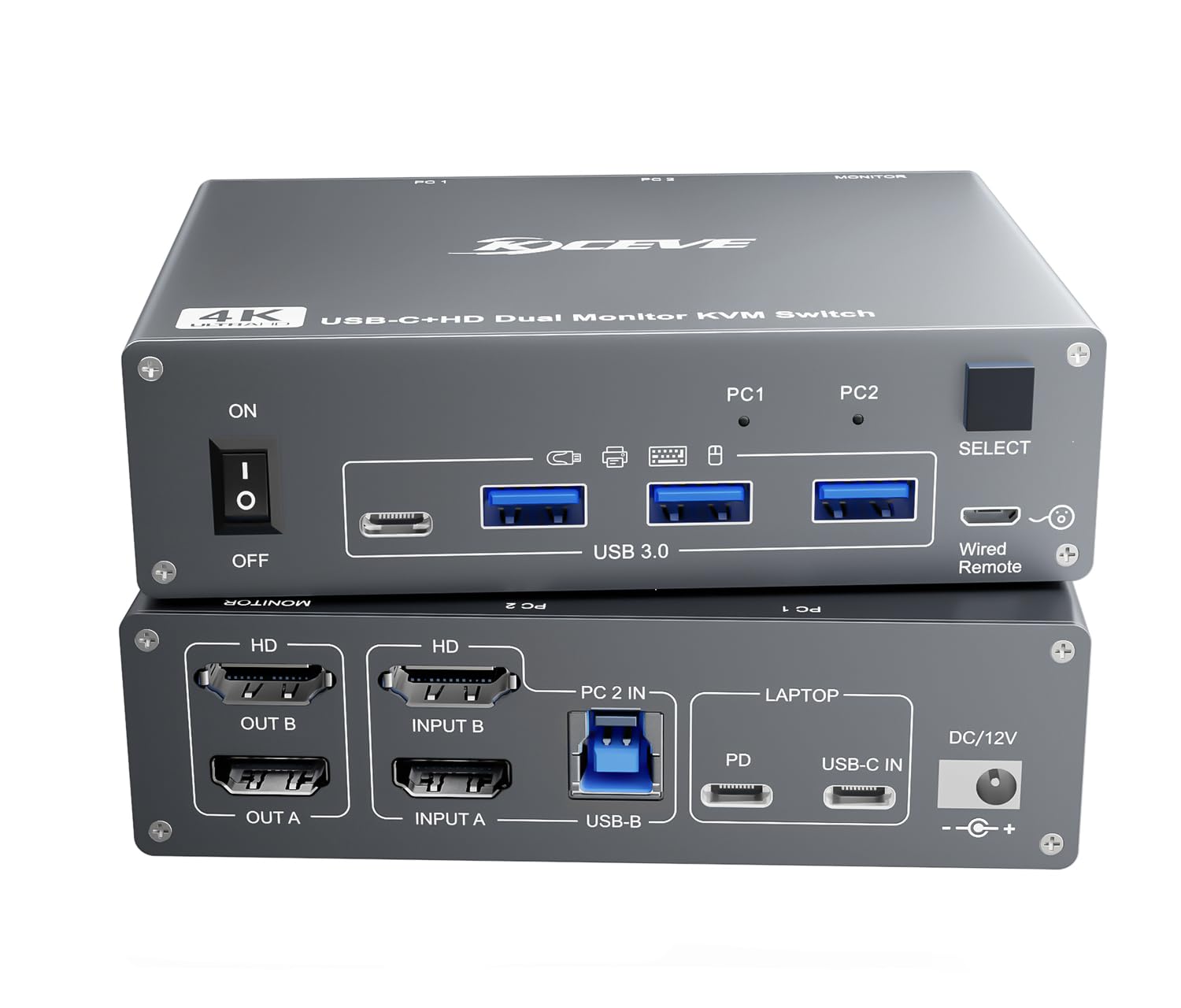 4K@60Hz USBC HDMI KVM Switch 2 PC 2 Monitore für 1 Laptop und 1 Desktop, Dual Monitor KVM Switch mit 4 USB 3.0 Ports, 73W PD Laden, mit Kabelfernbedienung, Netzadapter und USB-C Kabel