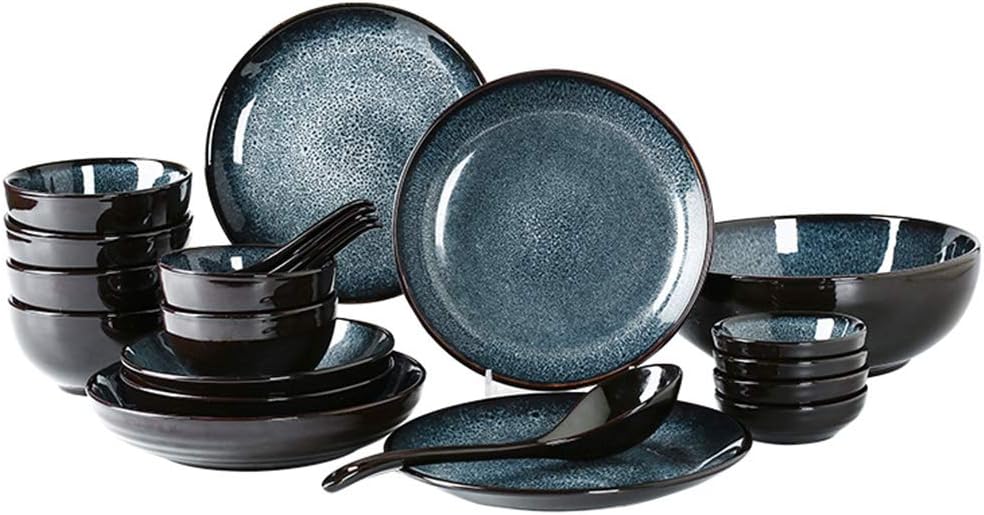 Miyabitors 22-piece Dinnerware Set, Japanese-style Retro Ceramic Bowl And Plate Combination, Creative Household Blue Dish Ramen Bowl, Microwaveable Tableware (Color : 22 pcs)