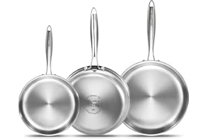 DELARLO Whole Body Tri-Ply Stainless Steel Frying Pan Set, 8”/10”/12” Cooking Pans, Kitchen Cookware Set, Fast Heating Chef's
