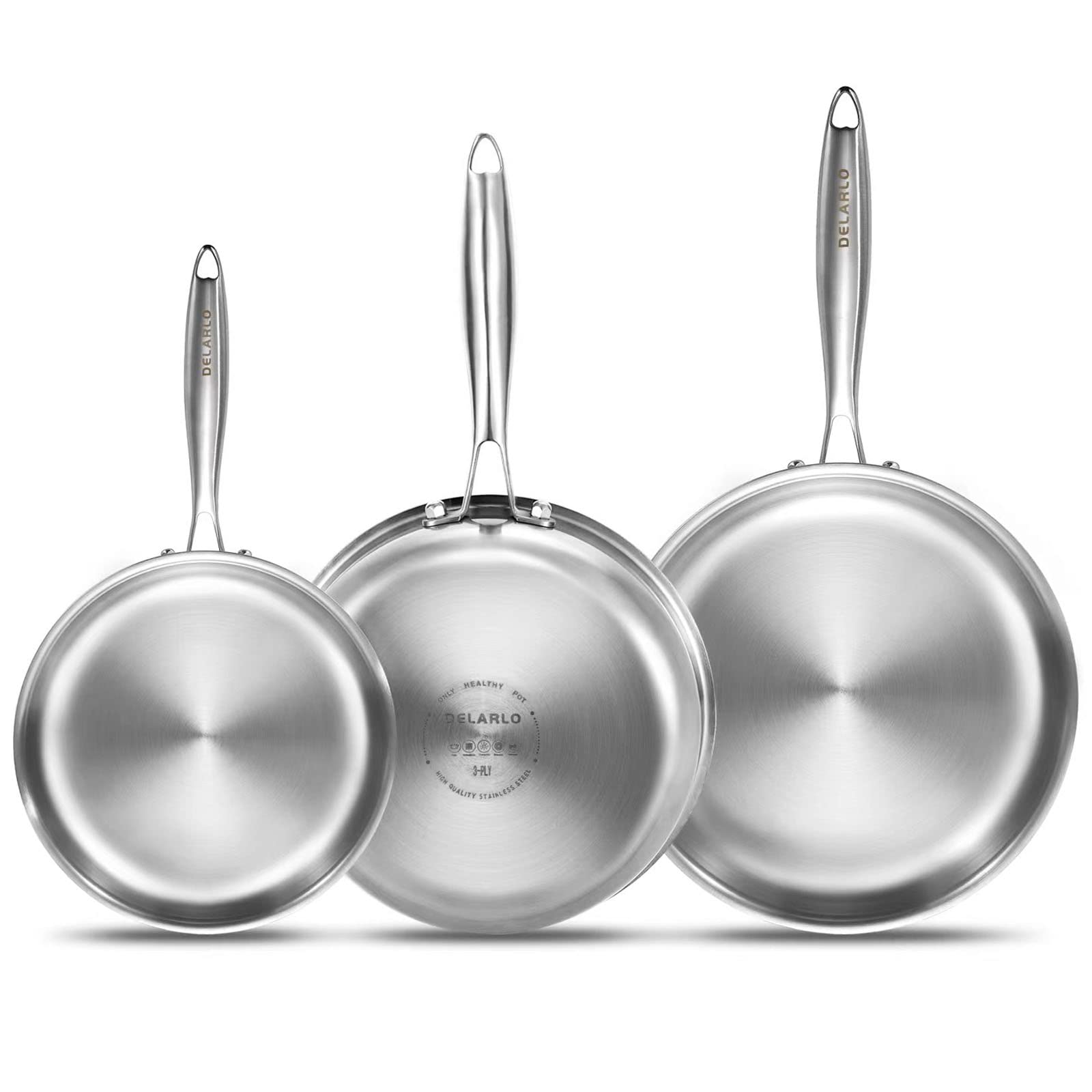 Photo 1 of DELARLO Whole Body Tri-Ply Stainless Steel Frying Pan set, 8”/10”/12” Cooking pans, Kitchen Cookware Set, Fast Heating Chef's pan with Ergonomic Handles, Suitable for All Stove