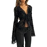 Women Long Sleeve See Through Lace Tops Y2k Sexy Leopard Sheer Mesh Crop Top Open Front Deep V Neck Ruffle Shirts