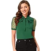 Allegra K Women's Bow Tie Neck V Neck Stand Collar Short Mesh Sleeve Blouse