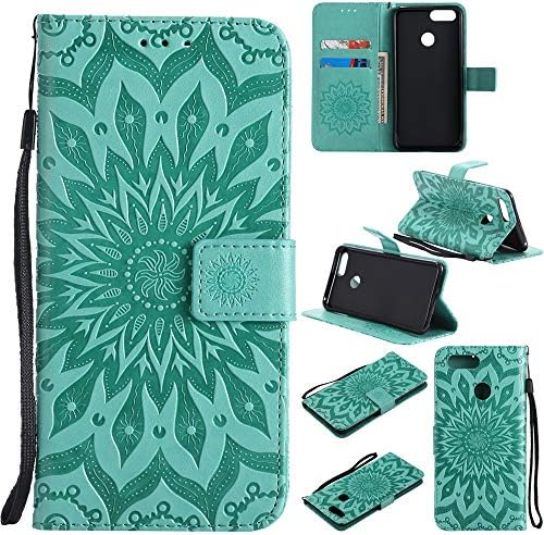 MEUPZZK Huawei Mate SE Case, Honor 7X Wallet Case, Sun Flowers Embossed Premium PU Leather Kickstand Flip Cover Card Holders & Hand Strap Wallet Case for Huawei Mate SE/Honor 7X Green