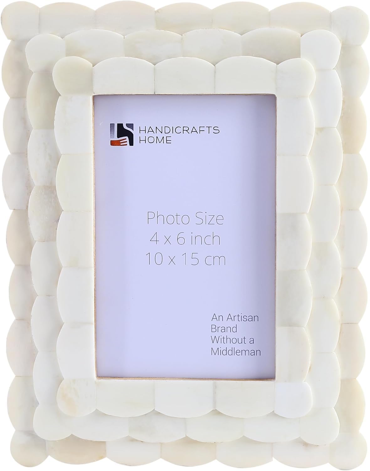 Handicrafts Home 4 by 6 White Picture Frame, Handmade Scallop pattern Bone inlay Photo Frame for Wall/Tabletop, Boho Farmhouse Vintage Home, Gallery Wall & Desk Decor, Christmas, Family Picture Frame