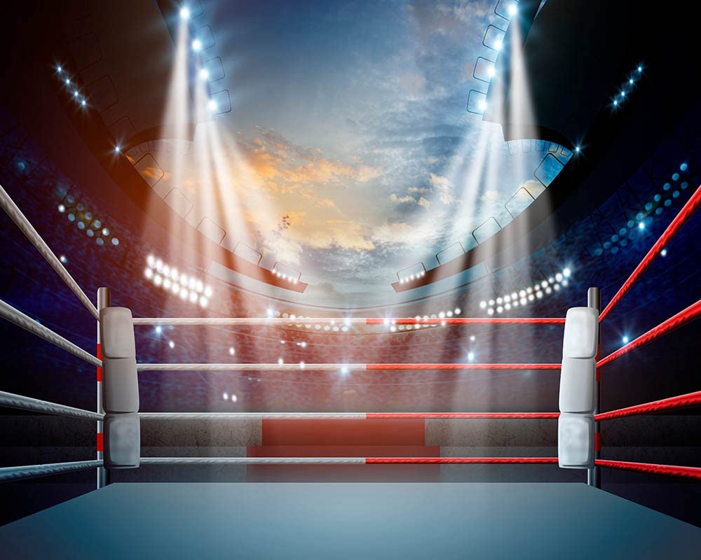 Haosphoto Boxing Ring Backdrop for Photography 7X5FT Boxing Match Stage Spotlights Interior Stadium Gym Background for Men Fighting Martial Arts Competition Photo Studio Props Vinyl HS582