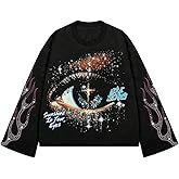 Verdusa Men's Rhinestone Graphic Tees Y2K Long Sleeve Tee Shirts Eye Print Crop Tops Hip Hop Streetwear