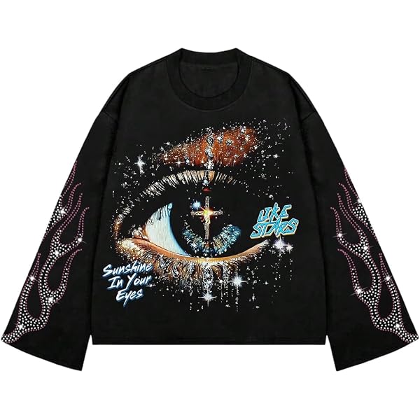 Verdusa Men's Rhinestone Graphic Tees Long Sleeve Y2K Tee Shirts