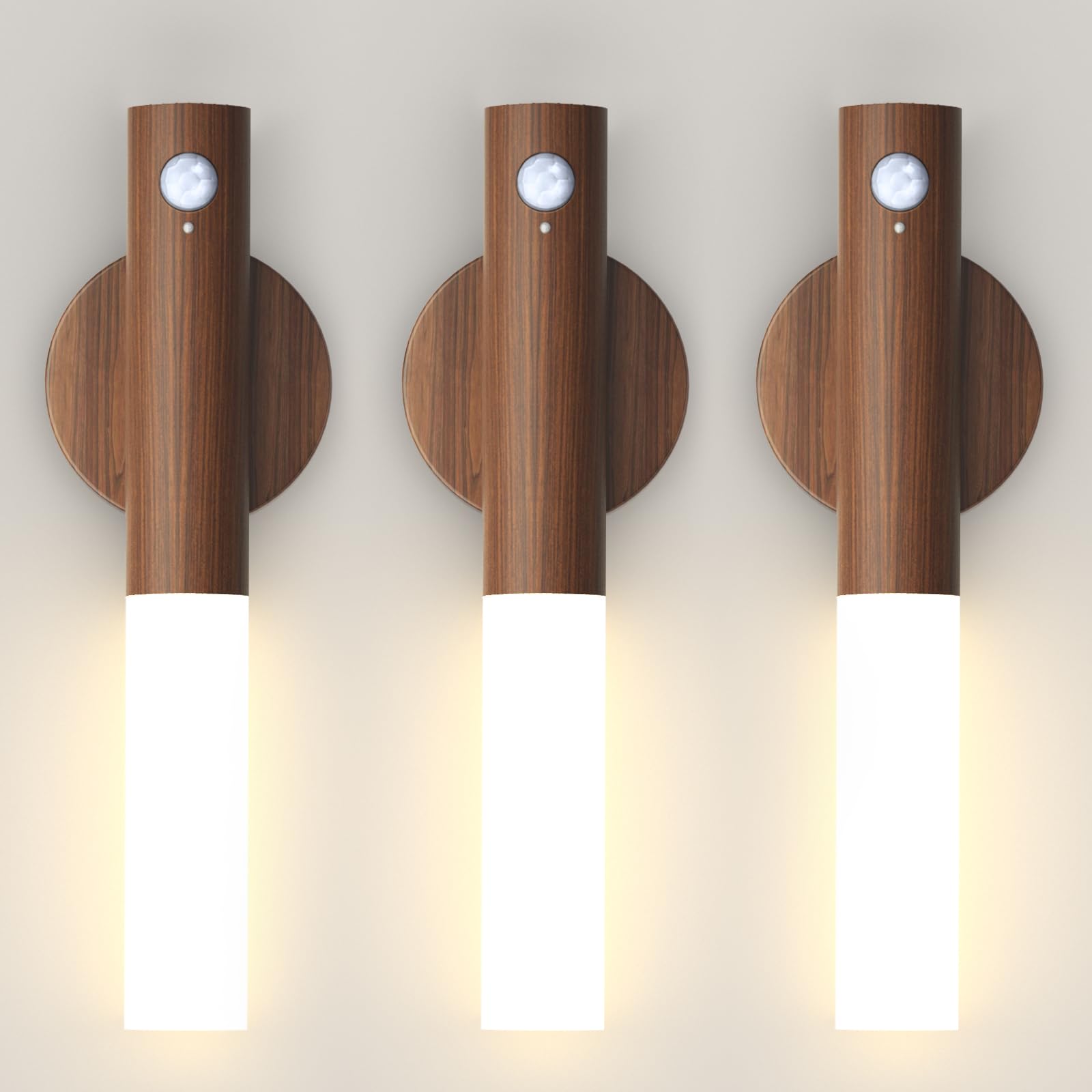 Photo 1 of Battery-Operated Motion Sensor Night Lights: 2200mAh Rechargeable Wall Sconces Magnetic Wall Lights Wireless Stairway Lights Portable Hallway Light Wooden Wall Lighting for Bedroom Stair Picture
