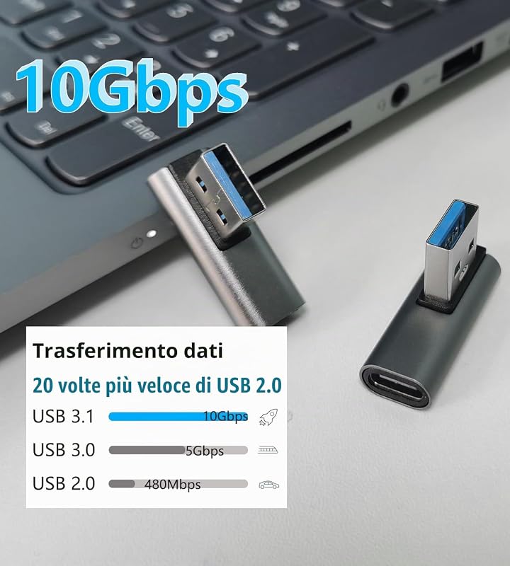 Adattatore USB 3.1 10Gbps 90 Gradi Maschio a Tipo C Femminile - Trasferimento Dati OTG per Tablet Portatile - 3 Pack (Argento)