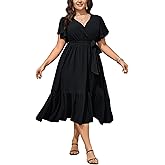 SCOMCHIC Womens Plus Size Wedding Guest Dresses Summer Wrap V Neck Short Sleeve Belted Ruffle Hem A-Line Flowy Maxi Dress