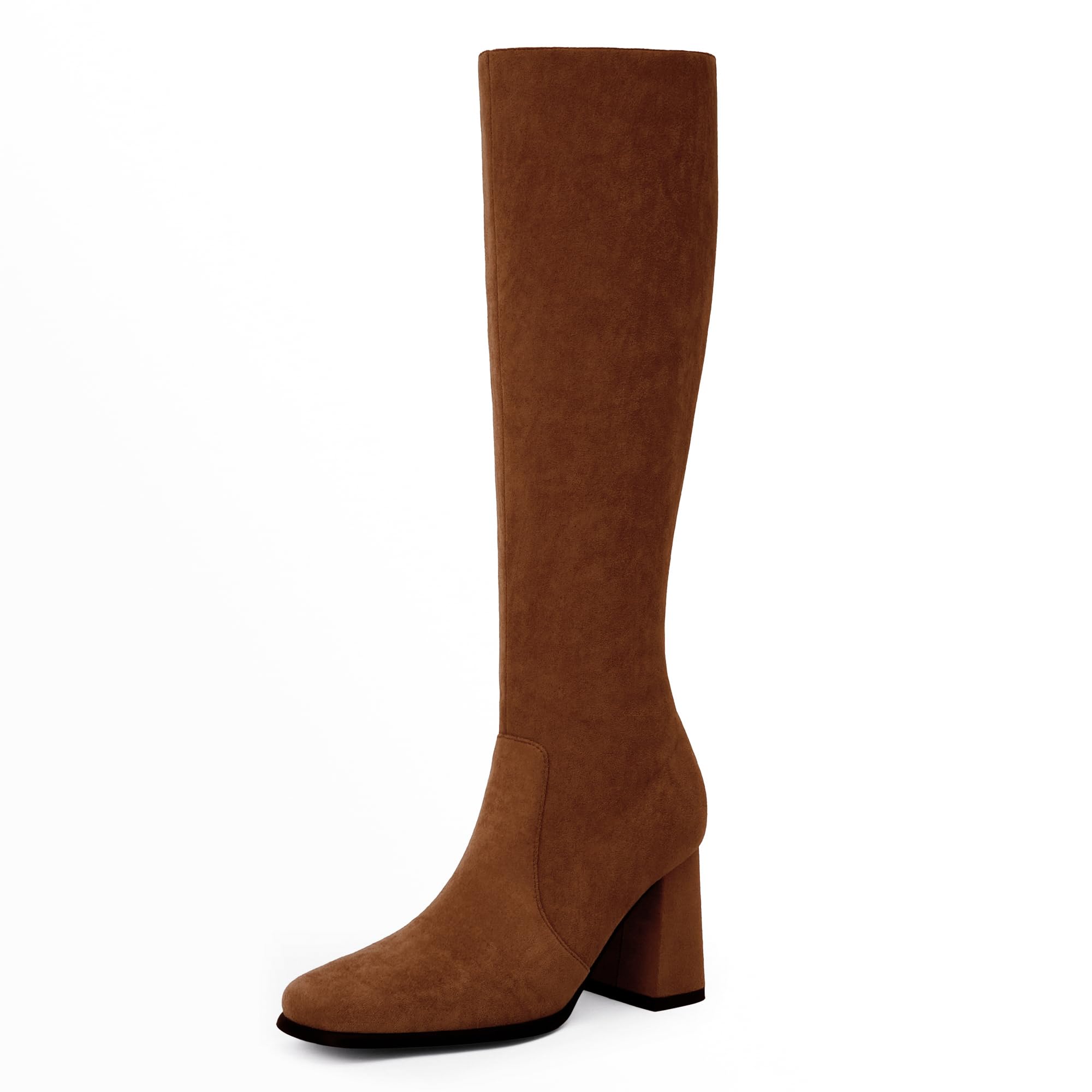 Photo 1 of Modatope Brown Suede Knee High Boots Women Chunky Heel Square Toe Tall Boots for Women High Heel Side Zipper Womens Heeled Tall Boots Size 7.5