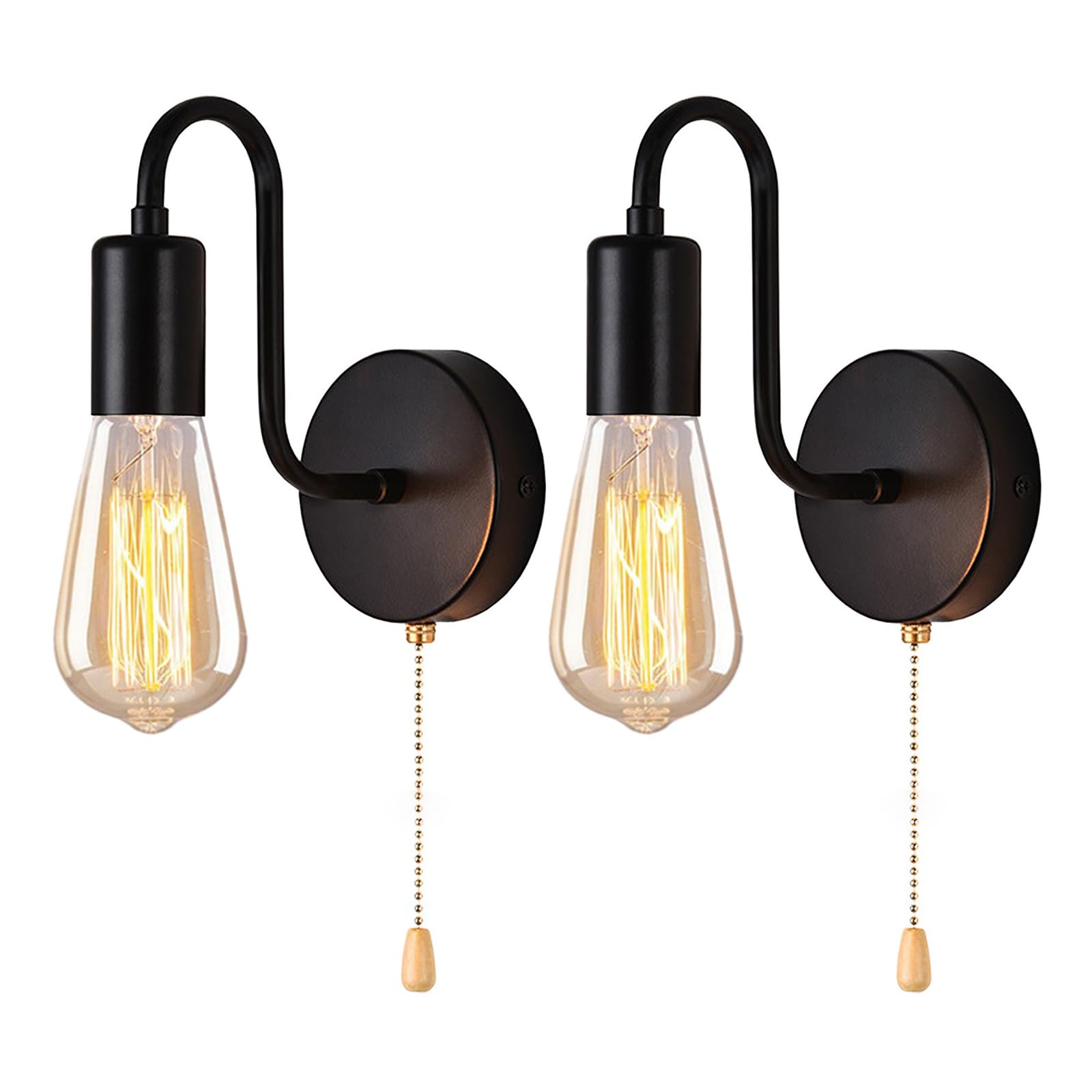 ANKBOY Indoor Wall Lights with Switch Set of 2 Wall Sconces with Pull Switch E27 Lamp Socket Vintage Industrial Lamp Metal Black Retro Wall Lighting for Bedroom Living Room Dining Room Balcony Loft